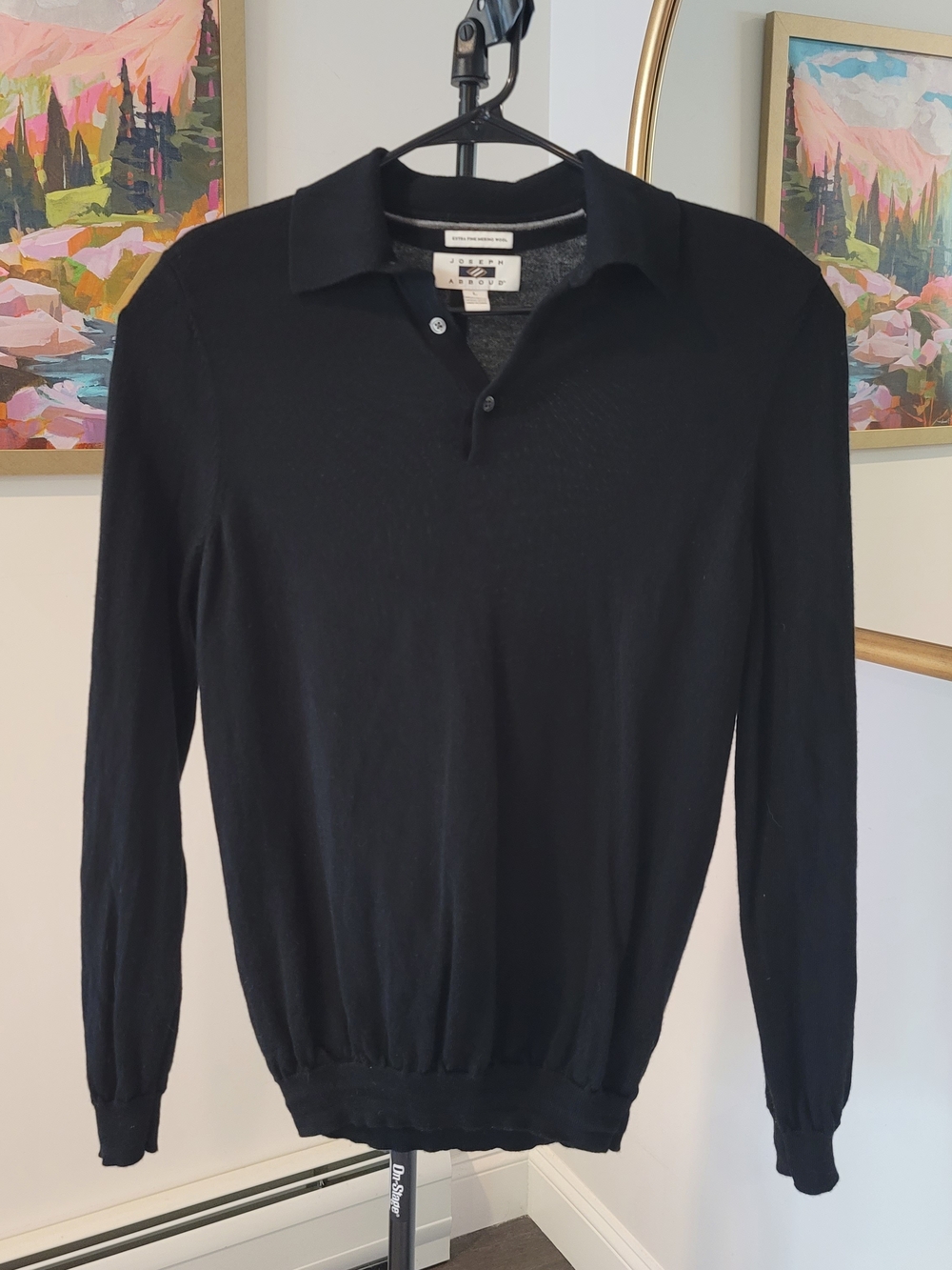 JOSEPH ABBOUD Extra Fine Merino Wool Polo Sweater Office Preppy Black Men's Sz L